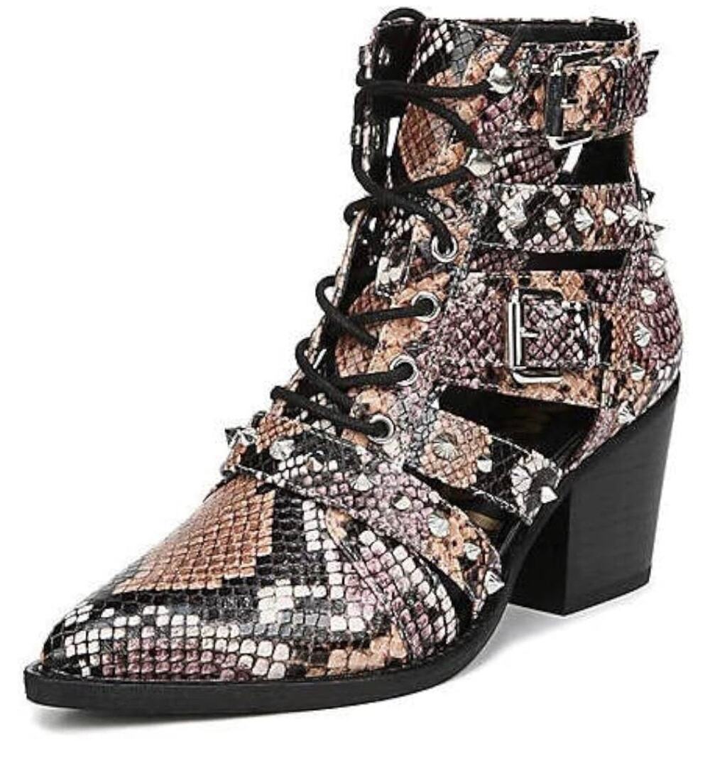 Sam Edelman Elana Tan Black Snake Pointed Toe Lace Up Cut Out Booties Boots 5